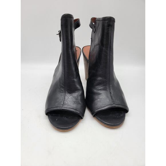 Lucky Brand Size 9 Peep Toe Black Leather Shooties Sandals Wedge Heel Sling Back - Picture 2 of 11
